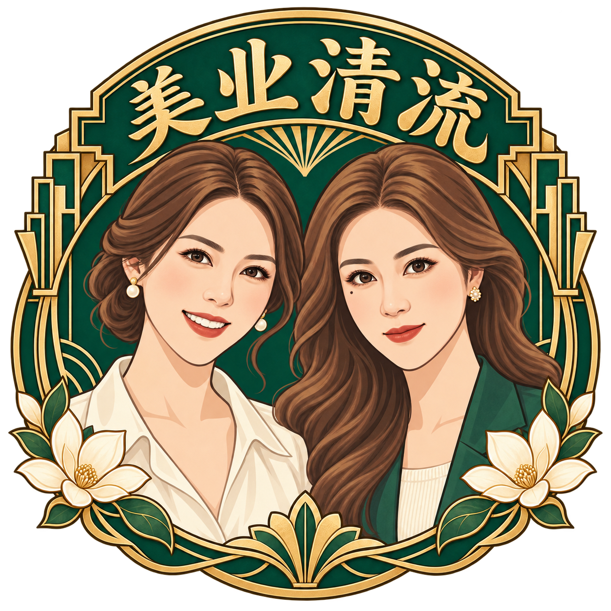 美业清流品牌徽标：两位主理人的月份牌风格插画，墨玉绿底与香槟金装饰